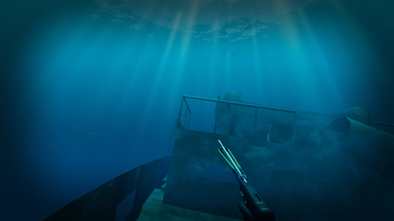 The bridge of a sunken wreck in the sun shafts, with reef fish around it